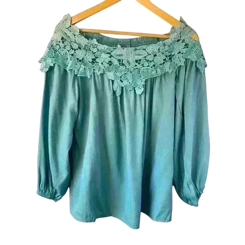 NWT Adreamly‎ Elegant Sky Blue Lace Off The Shoulder Bell Sleeve Blouse Size M